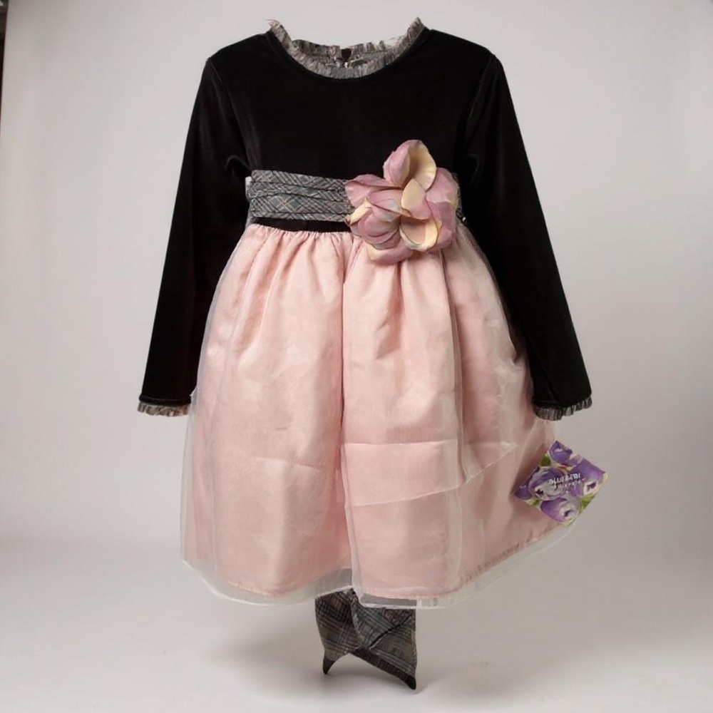 Blueberi Boulevard‎ Velvet Brown and Pink Dress with Floral Detail 3T